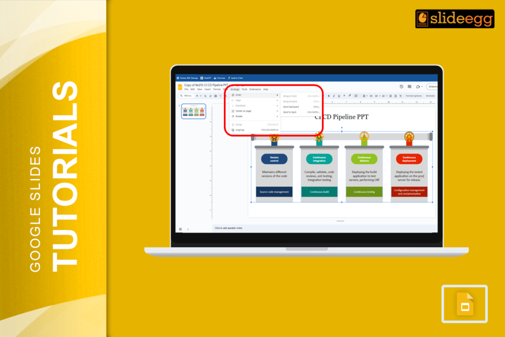 A screenshot of a Google Slides presentation with a dropdown menu open, showing options to change layers, backgrounds, and more.