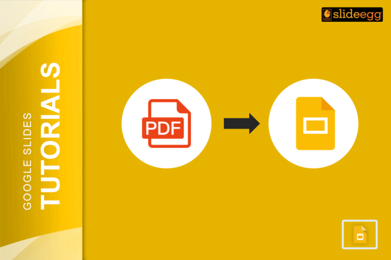 Google Slides Tutorials image. Convert PDF to Google Slides. Yellow background with PDF and Google Slides icons and an arrow