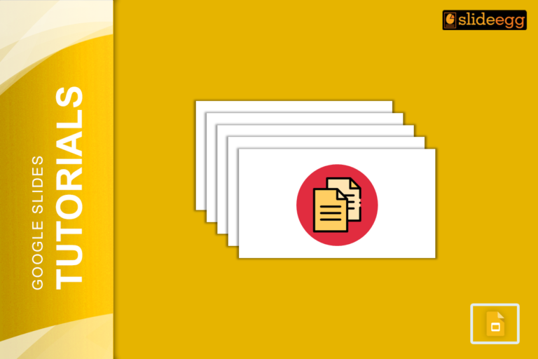 Google Slides Tutorials banner with a stack of slides and a red circle with two pages inside, representing copying slides.