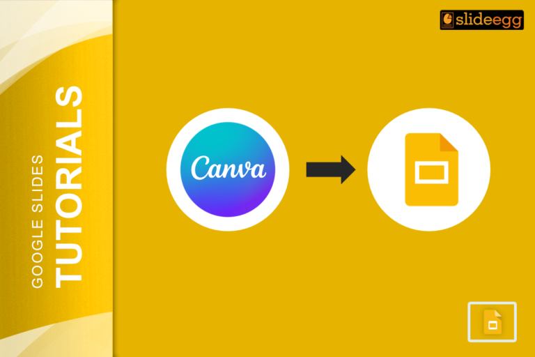 SlideEgg Google Slides tutorial image showing Canva logo transitioning to Google Slides icon with a yellow background.