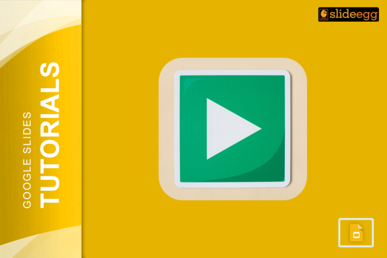 Google Slides tutorial banner. A green play button on a yellow background. Learn how to make your slides play automatically.