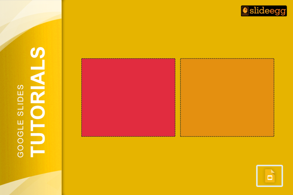 Google Slides tutorial: red and orange squares with dotted borders on yellow background shows making shapes transparent.