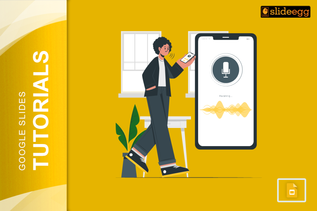 Google Slides Tutorials: A man uses voice commands to record audio on his phone.