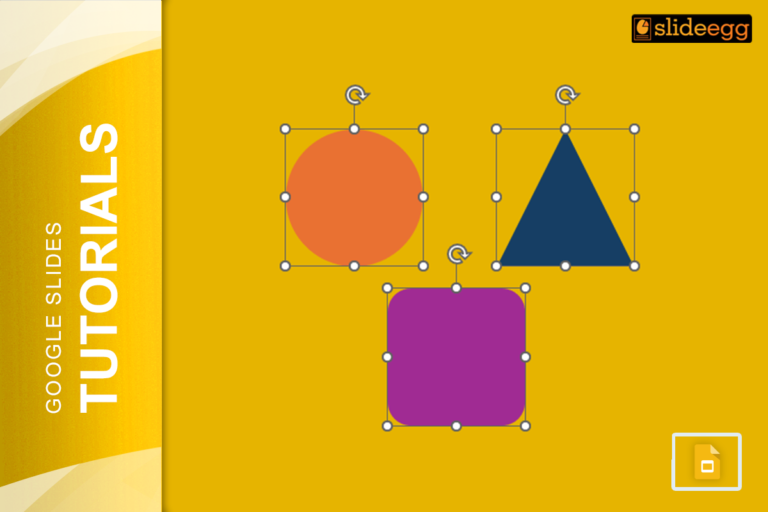 Google Slides tutorial blog banner image with a circle, triangle, and square on a yellow background.