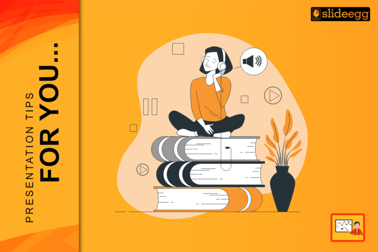 Banner for '3 Storytelling Techniques to Improve Your Presentations' featuring a person sitting on books, wearing headphones.