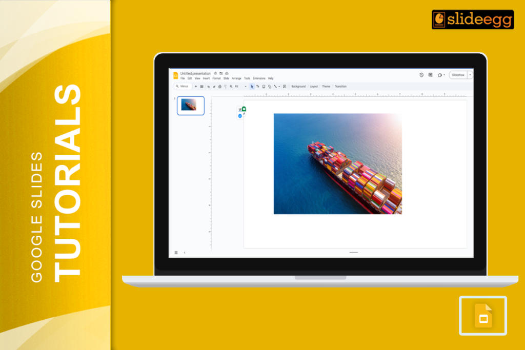 Banner for "How to Add Captions to Images in Google Slides" showing a Google Slides presentation with a cargo ship.