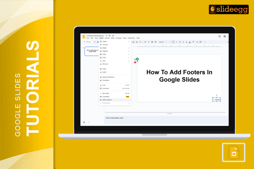 Banner with text: "How to Add Footers in Google Slides", blog title in a modern, clear font.