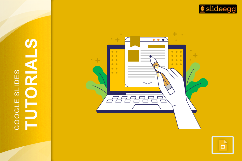 Banner for blog 'How to Add Footnotes in Google Slides Easily,' featuring a hand writing notes on a laptop screen.