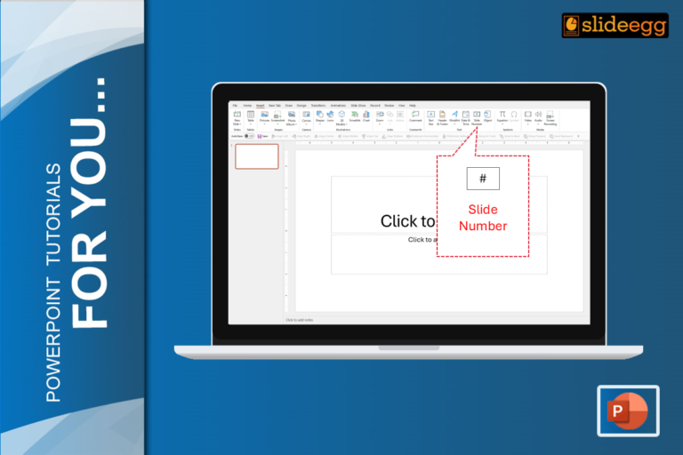 Banner for the blog "How to Add Page Numbers in PowerPoint" showing a laptop with a PPT slide and highlighted slide number.