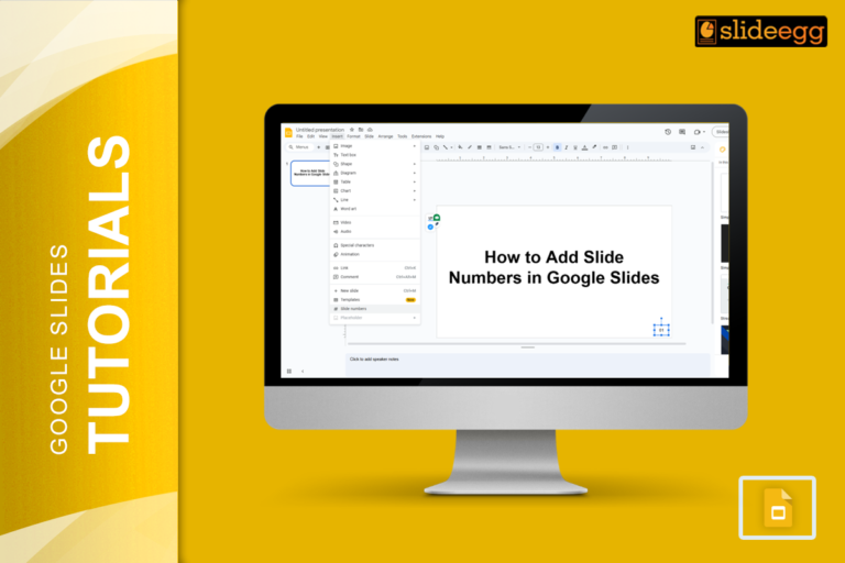 Banner for blog "How to Add Slide Numbers in Google Slides" showing a computer screen with Google Slides interface.