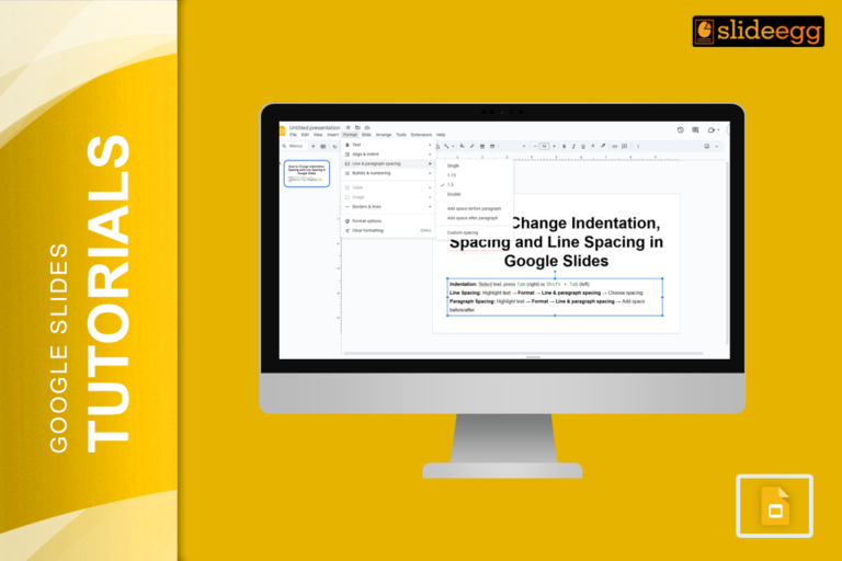 Google Slides tutorial banner showing how to change indentation, spacing, and line spacing with a screenshot of the process.