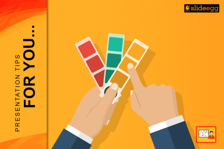 Banner for 'How to Choose Best Colors for Your Presentations' blog with hands holding color swatches on an orange background.