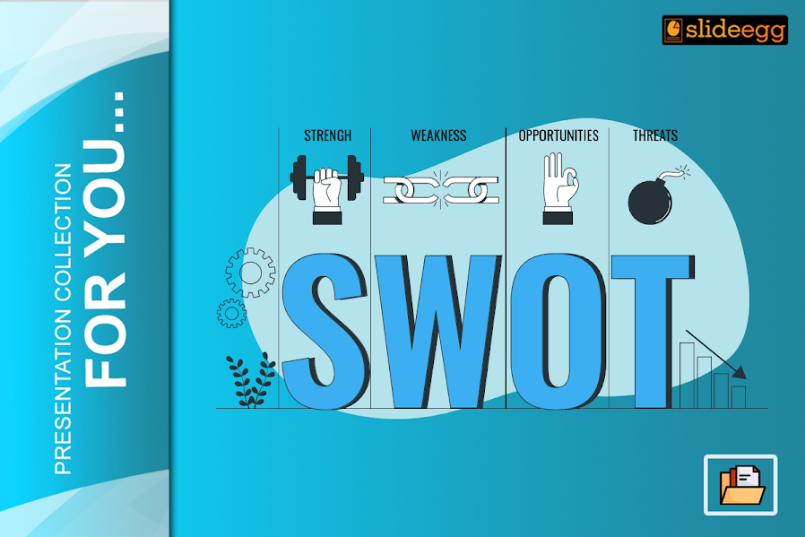 Blue-themed SWOT analysis presentation banner featuring icons for Strength, Weakness, Opportunities, and Threats with bold text