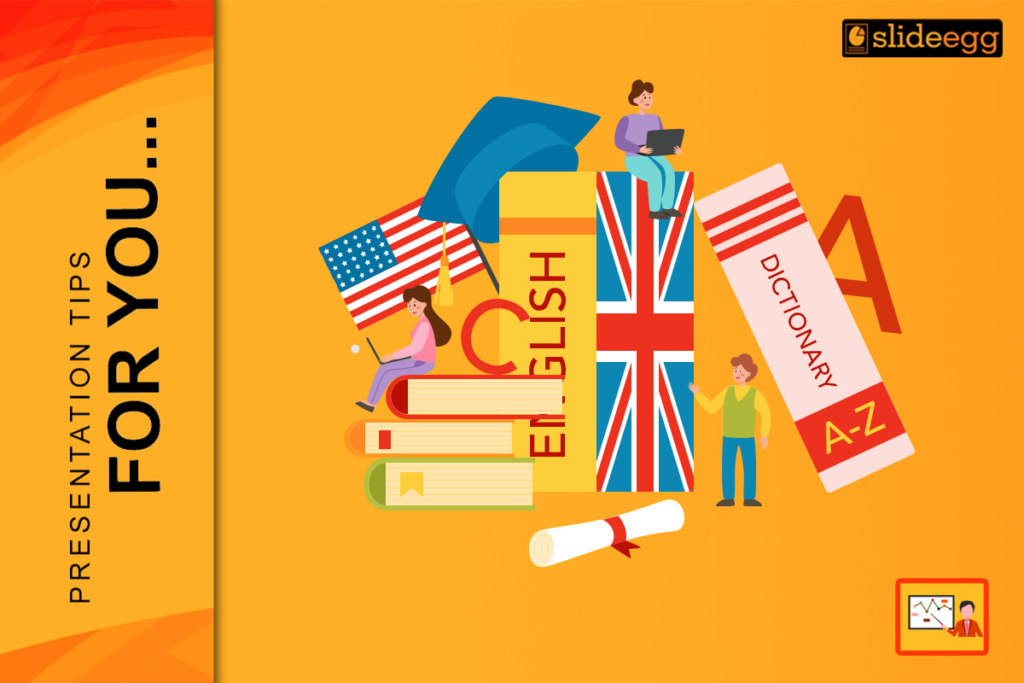 Banner for 'How to Create Engaging Slides for Language Learning Classes' featuring books, flags, and students using laptops.