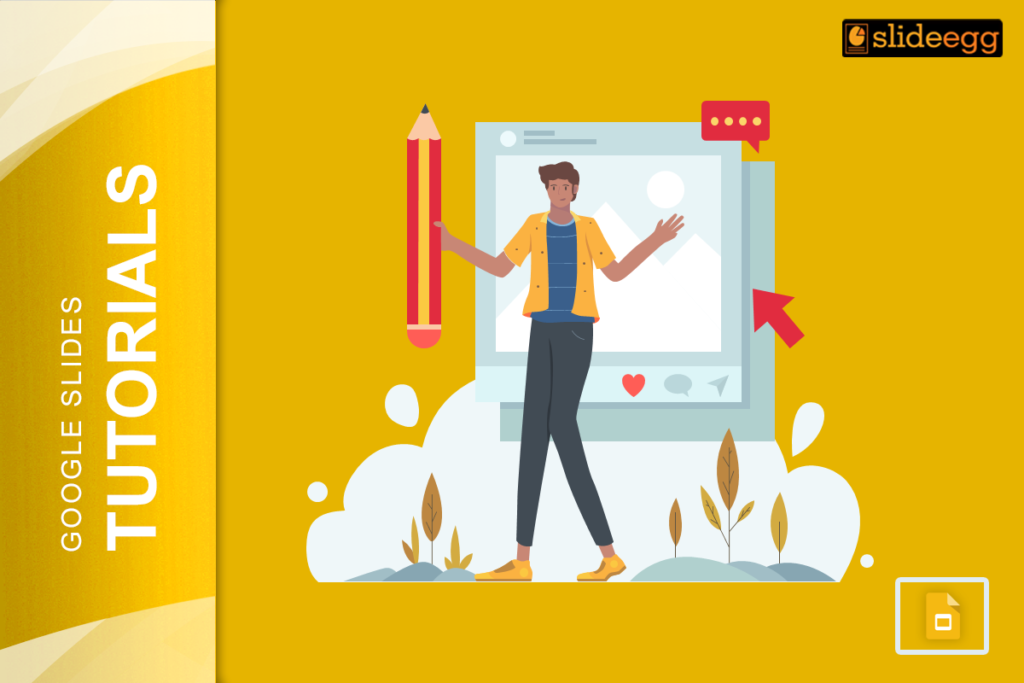 Banner image for the blog 'How to Decorate Google Slides,' featuring a person with a pencil and creative design elements.