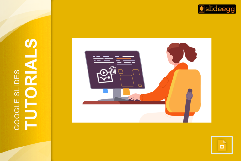 Banner for blog 'How to Remove All Animations from Google Slides' showing a person using a computer on a yellow background.