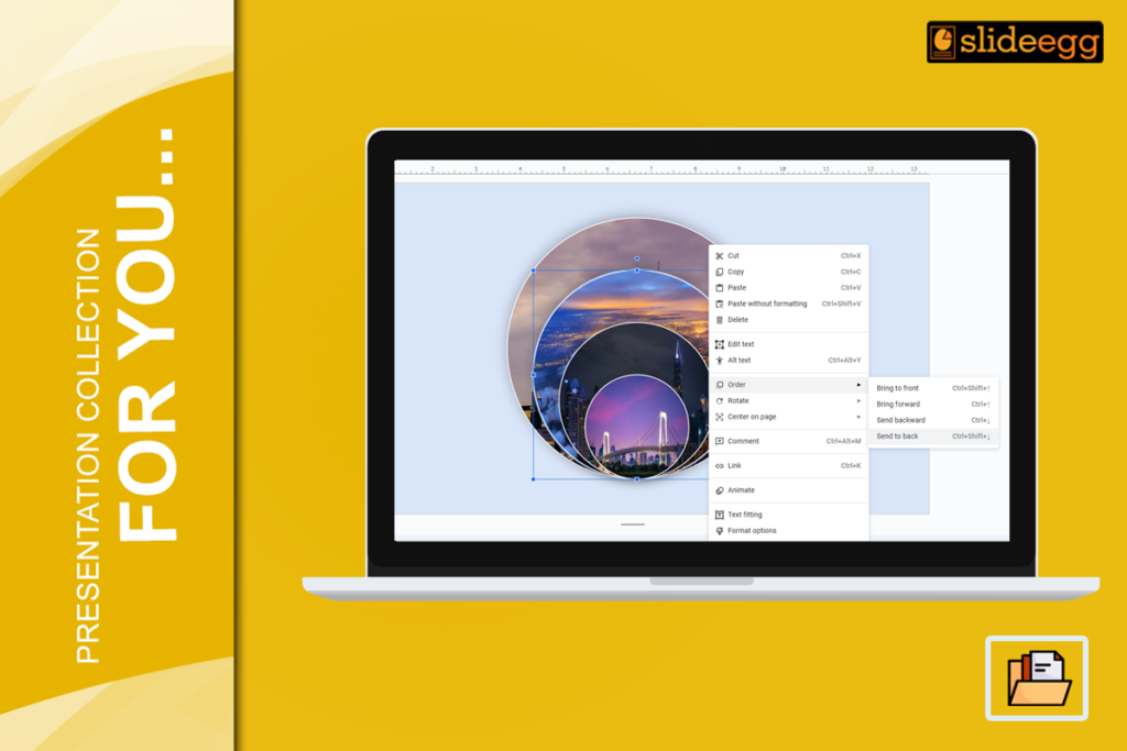How to send an image to the back in Google Slides: Tutorial banner with a laptop and image layers with right-click menu.