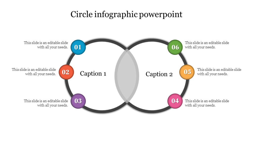 Circle infographic PowerPoint slide with two overlapping circles, captions, and six numbered colorful nodes for information.