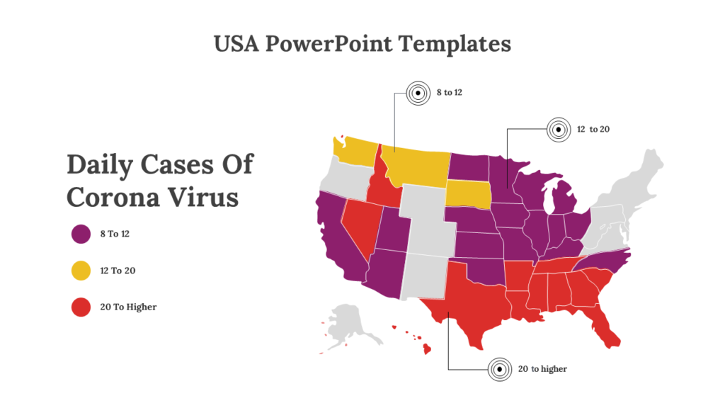 USA PowerPoint slide showing daily COVID-19 cases by state with a color-coded map indicating case ranges from 8 to higher.