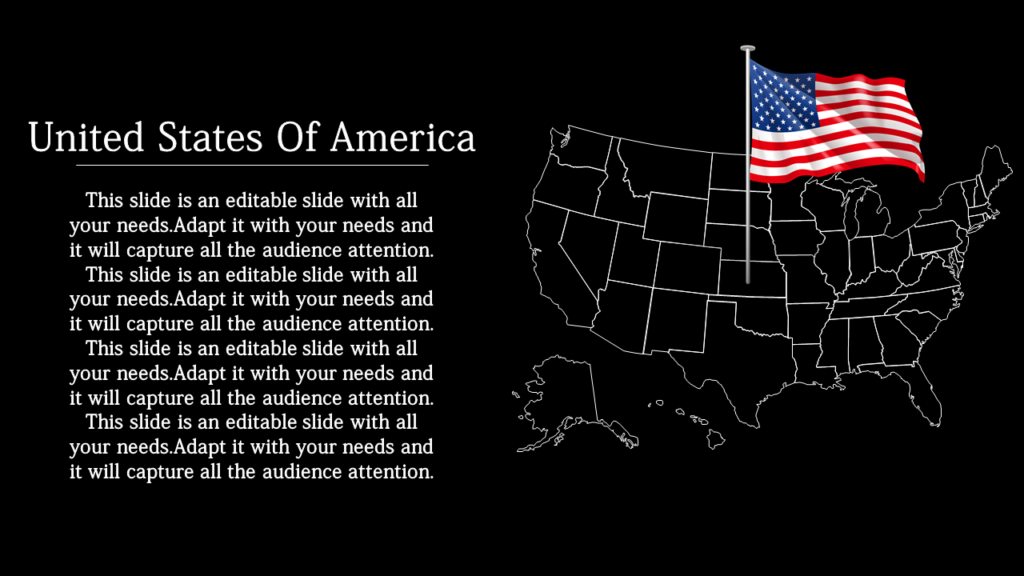 USA PowerPoint slide with a black background, featuring a white outline map and an American flag waving above the country.