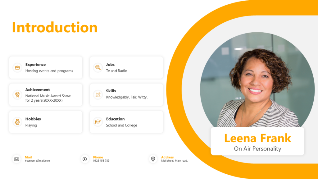 Introduction slide with photo on a white and orange layout, showcasing experience, skills, and achievements.