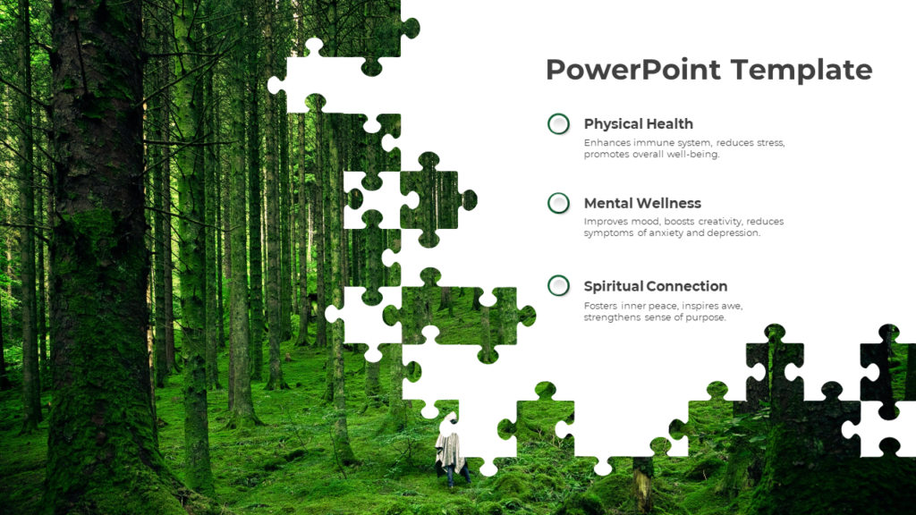 Nature-inspired PPT with puzzle pieces revealing a forest, featuring text on physical, mental, and spiritual health.