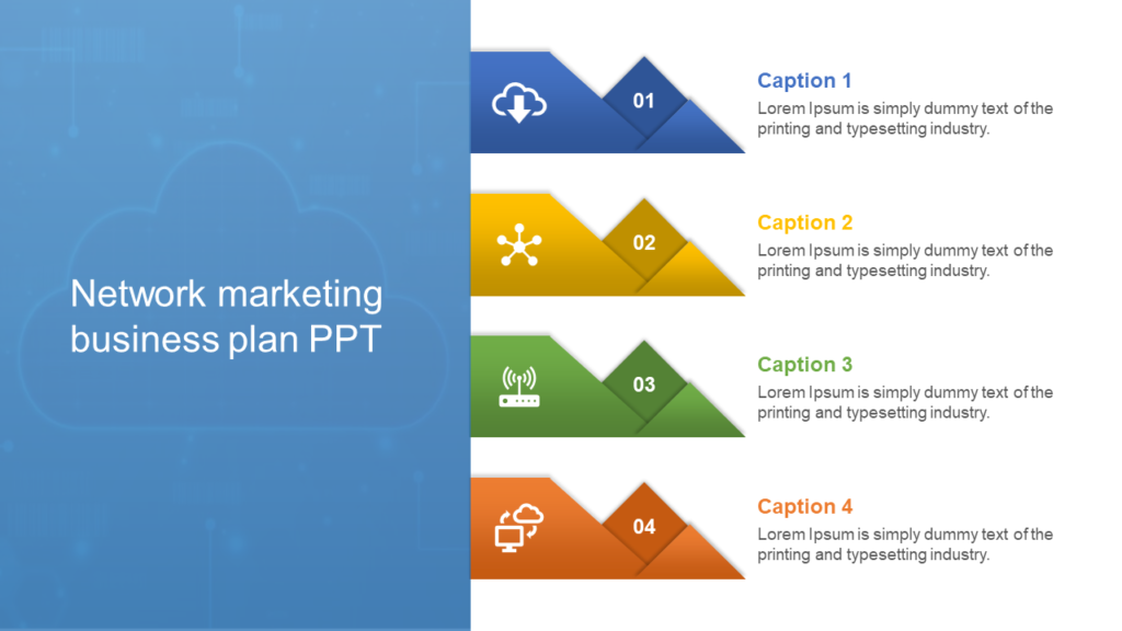 Network marketing business plan slide featuring a blue cloud design with four colorful icons and captions in sequence.