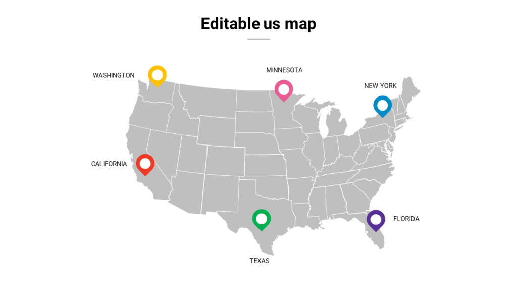 Editable US map PowerPoint slide with labeled states and colorful location markers for customizable presentations