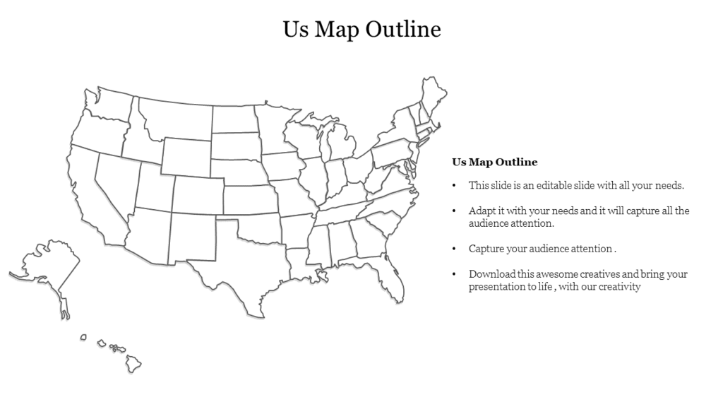 United States map outline PPT slide with editable state borders, ideal for geography, data visualization, and reports.