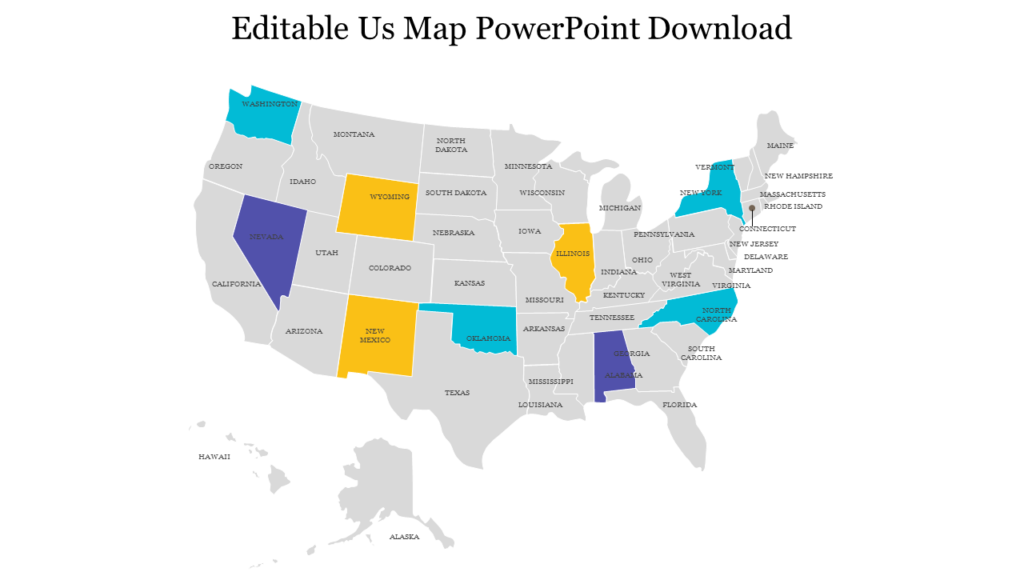 Editable US map PowerPoint slide with highlighted states in blue, yellow, and purple, ideal for presentations and analysis.