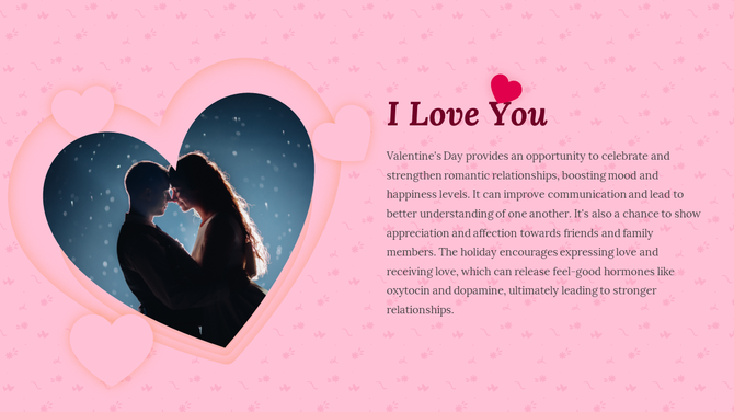 Valentine's Day slide with a romantic couple in a heart frame, pink background, and heartfelt message expressing love.