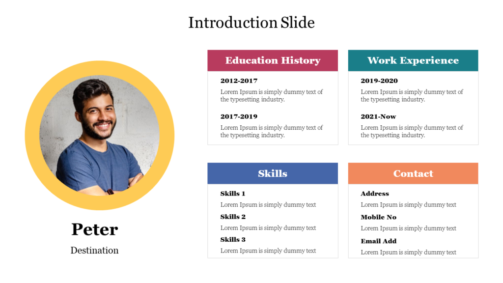 "Introduction slide featuring photo in a yellow circle, with sections on education, work experience, skills, and contact.