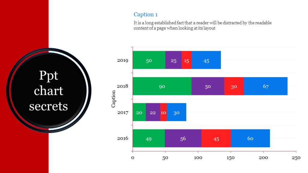 Bar chart slide visualization data trends from 2016 to 2019 with labeled segments with vibrant color.s