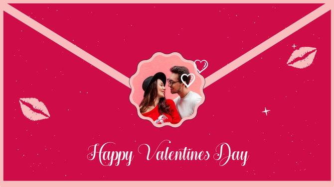 Valentine's Day PPT slide with a romantic couple inside a love envelope, pink kisses, sparkling stars, and festive text.