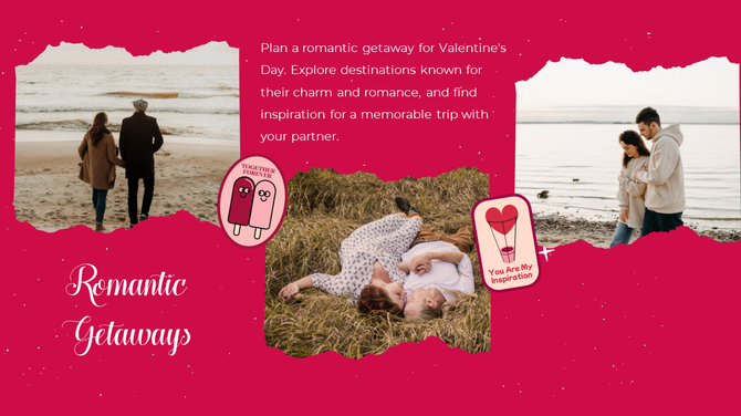 Valentine's Day slide with romantic theme, featuring couples on the beach and in nature, with love-themed decorations.