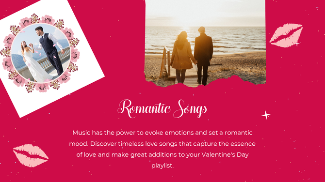 Valentine's Day slide with a romantic couple on the beach, a wedding photo frame, pink kisses, and elegant text.