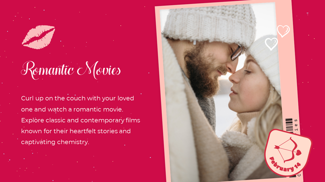 Valentine's Day slide with a cozy couple in winter attire, themed around romantic movies, featuring love decorations.