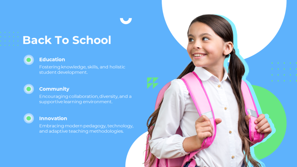 Educational PPT slide with a smiling schoolgirl, pink backpack, and blue background, highlighting education.