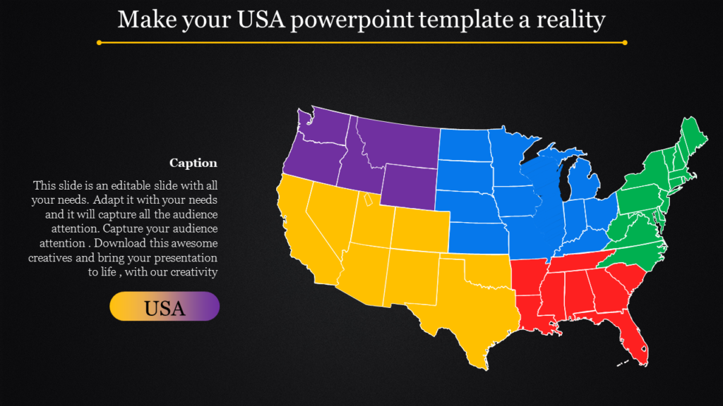 USA PPT template with a colorful regional map on a black background, designed for presentations and customization.