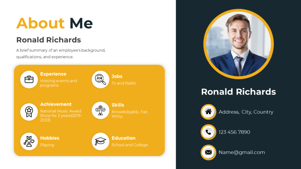 About Me PowerPoint slide with a yellow and black theme featuring photo, skills, achievements, and contact details.