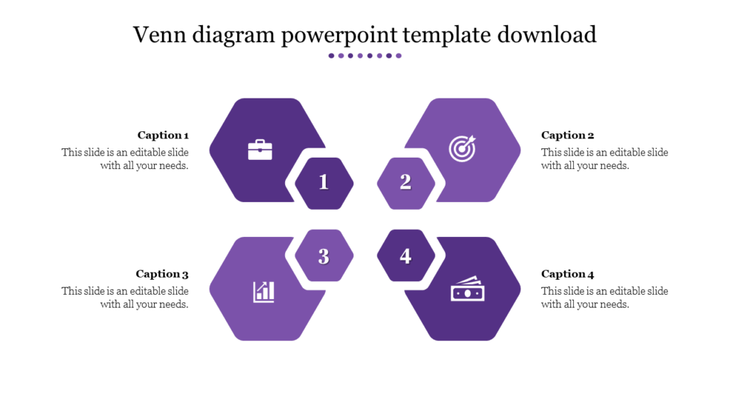 Purple hexagonal Venn diagram PowerPoint slide with labeled sections for captions, icons, and numbers 1 to 4 for presentation.