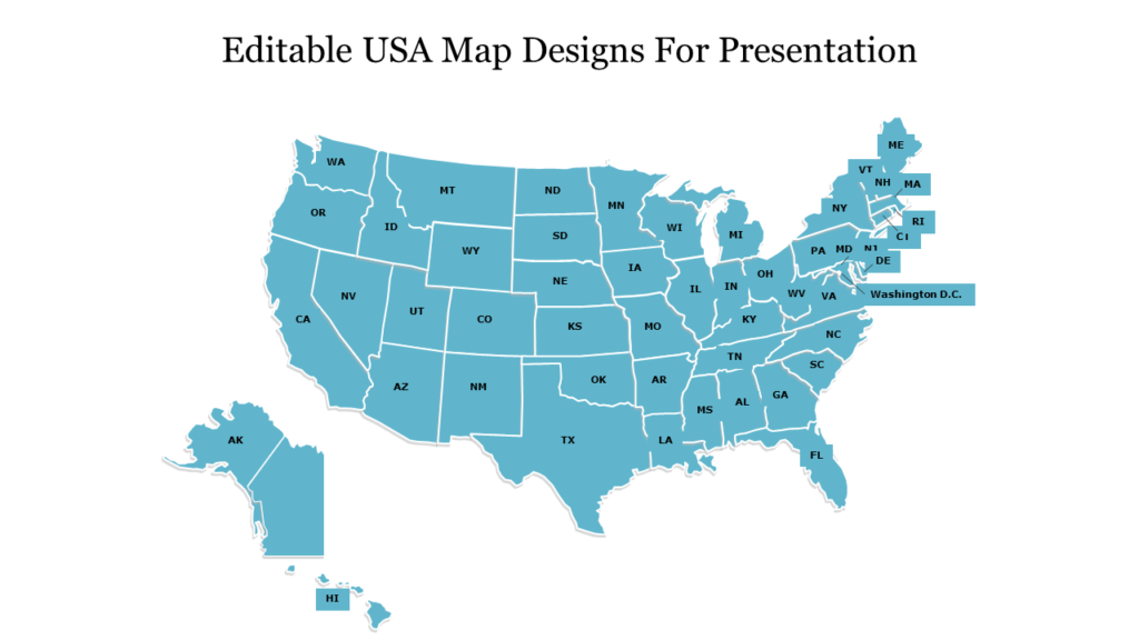 Editable USA map PPT slide with labeled states, ideal for presentations, data visualization, and geographic analysis