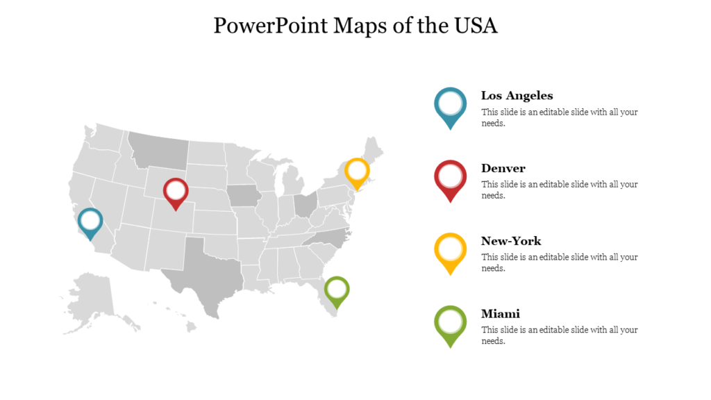 PowerPoint map of the USA with location markers highlighting Los Angeles, Denver, New York, and Miami on a gray map.