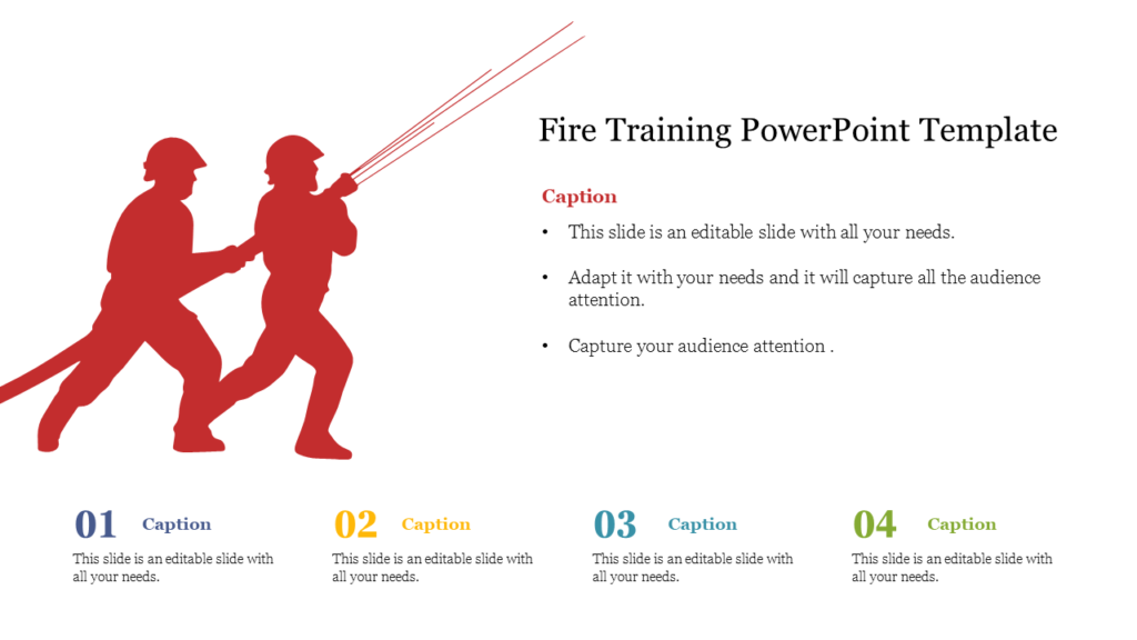 Firefighters in red silhouette using a hose, with fire training PowerPoint template text and numbered captions below.