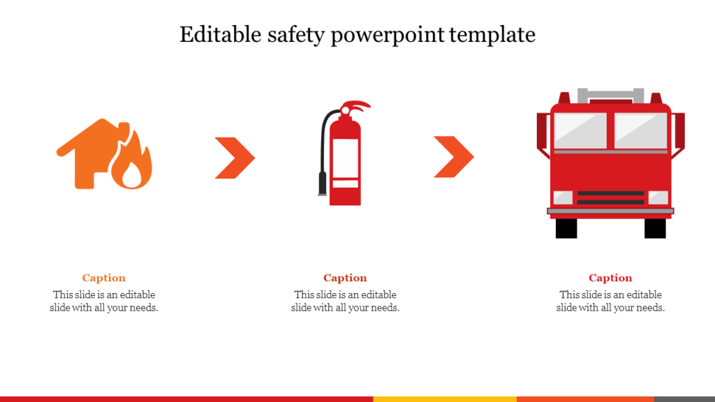 Fire safety template showing a burning house, fire extinguisher, and fire truck, illustrating fire response steps.