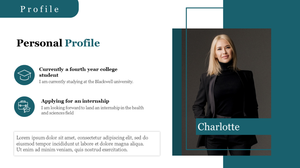 Personal profile slide featuring a student named Charlotte, education details, internship goals, and a professional portrait.