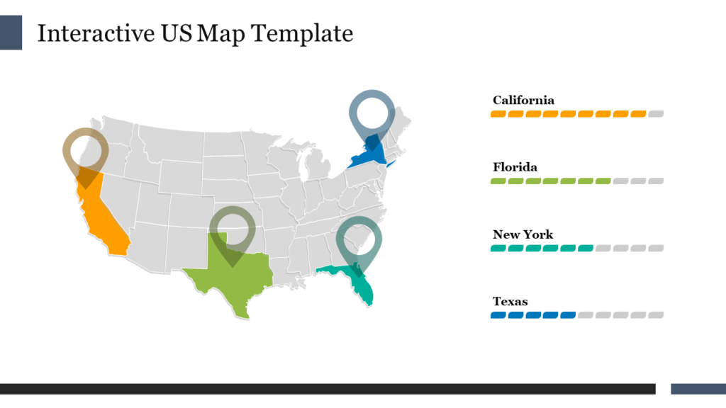 Interactive US map PowerPoint slide highlighting California, Florida, New York, and Texas with location markers and bars.