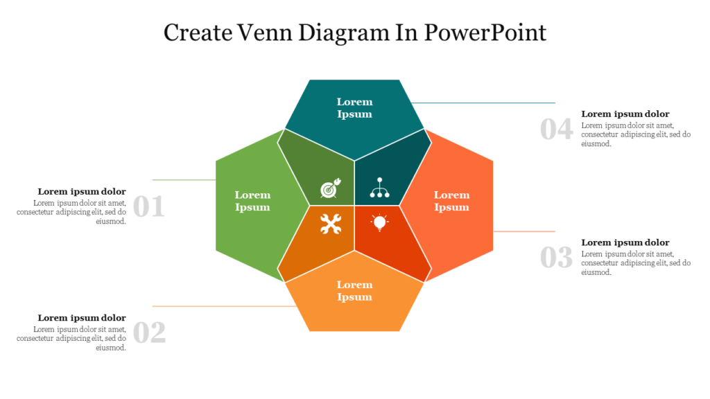 PowerPoint slide featuring a hexagonal Venn diagram with icons, central connections, and labeled sections for various concepts.