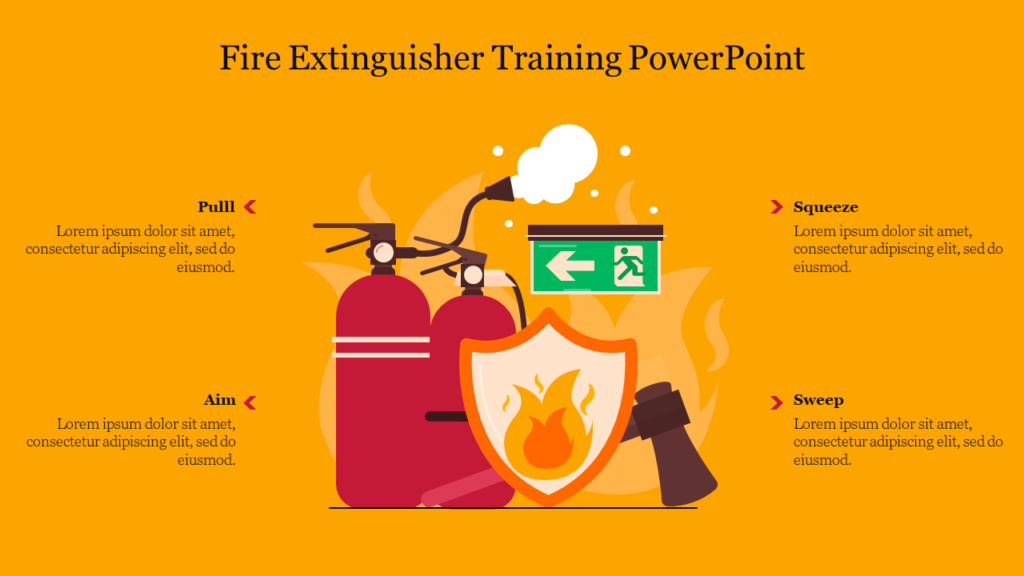 Fire extinguisher training PowerPoint slide with red extinguishers, flames, a shield icon, and safety instructions.