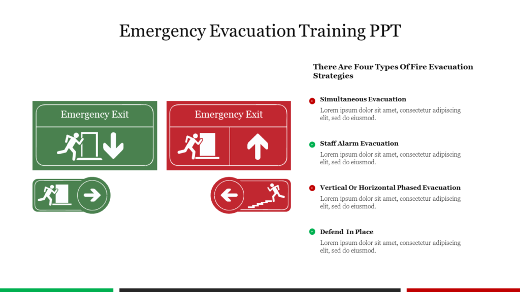 Emergency evacuation training PowerPoint slide with exit signs and four fire evacuation strategies for safety procedures.